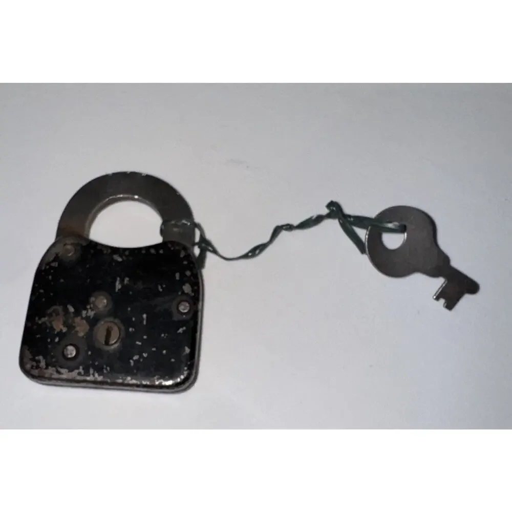 Antique Vintage Black Pressed Steel Padlock W Key Warded Skeleton Lock- Mid Cent